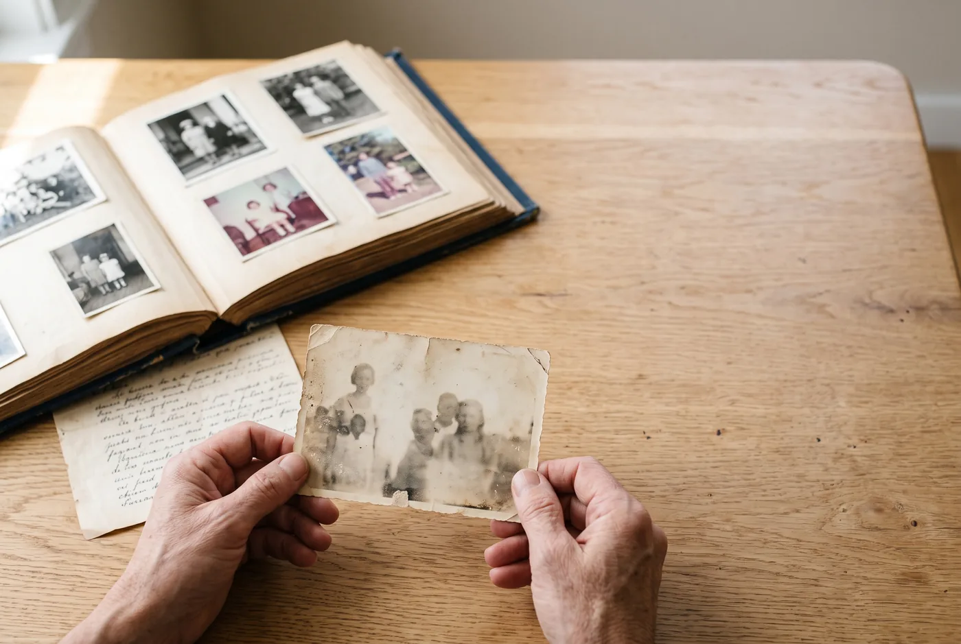 Manos que sostienen una foto antigua de familia junto a un álbum abierto sobre una mesa de madera